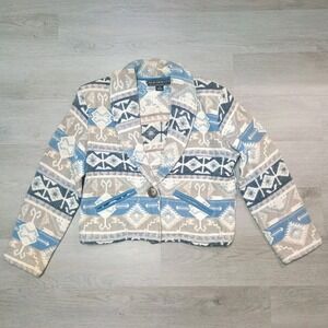 Vintage New Identity Tapestry Blue Aztec Heavy Blazer Jacket Cropped Boxy Size S